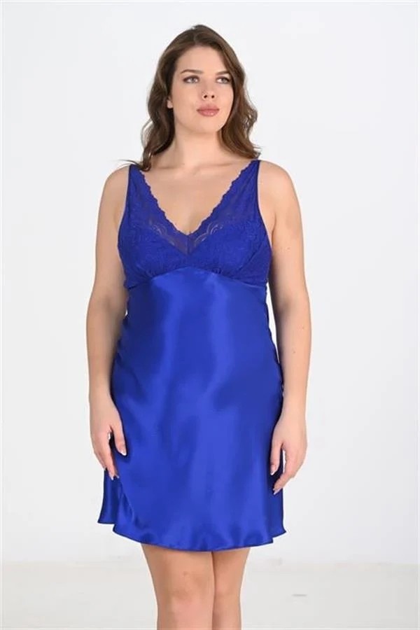 Aesco Arias Closet Premium Büyük Beden Saten Dantel Işlemeli Saks 2'li Gecelik Sabahlık Takımı Bigsize görsel 2