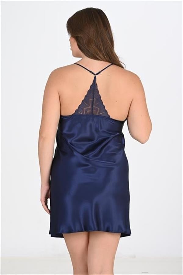 Aesco Arias Closet Premium Büyük Beden Saten Dantel Işlemeli Lacivert 2'li Gecelik Sabahlık Takımı Bigsize