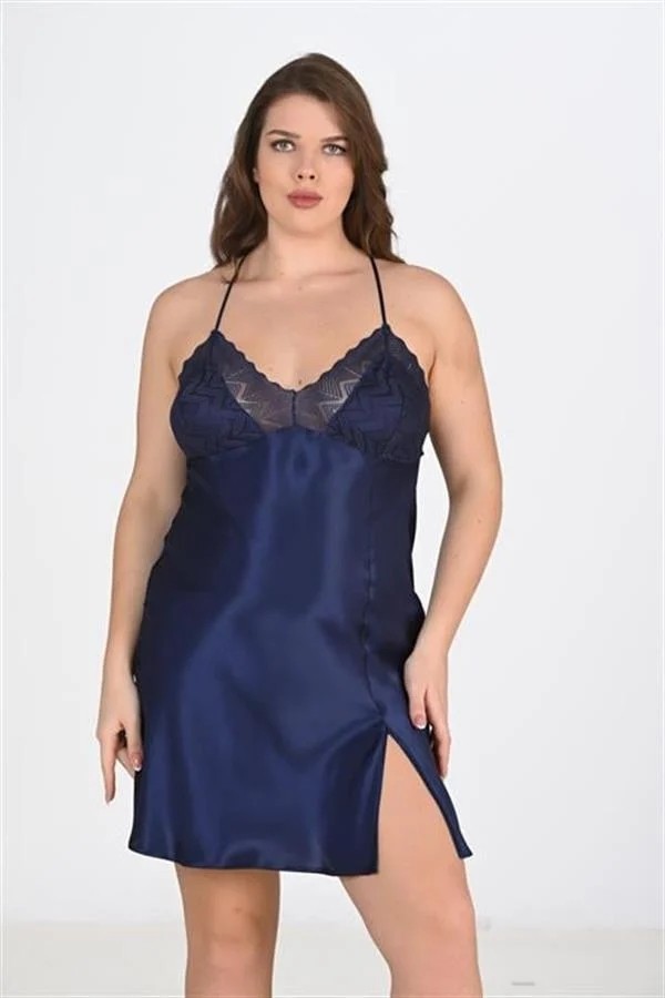 Aesco Arias Closet Premium Büyük Beden Saten Dantel Işlemeli Lacivert 2'li Gecelik Sabahlık Takımı Bigsize görsel 3