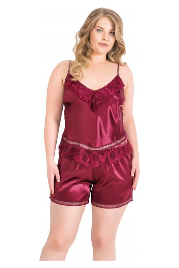Aesco Arias Closet Büyük Beden Bordo Saten Babydoll Şort Takımı
