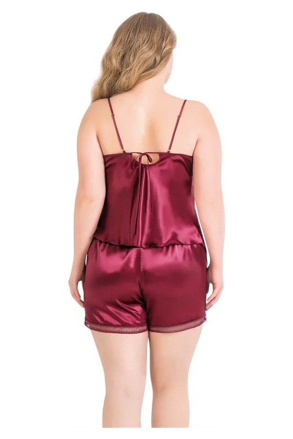 Aesco Arias Closet Büyük Beden Bordo Saten Babydoll Şort Takımı görsel 2