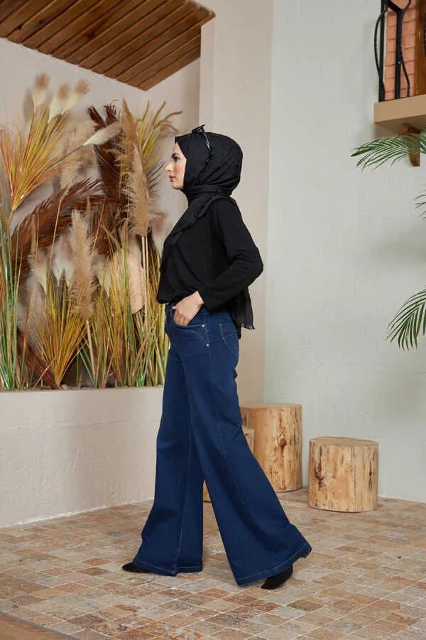 Neways Kadın Bol Paça Pantolon Koyu Mavi %97 Coton Denim Şık ve Rahat Tasarım görsel 4
