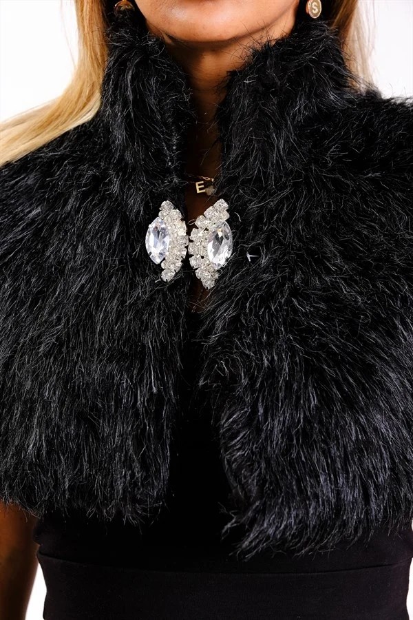 Veraura Lifestyle Siyah Broşlu Kürk Etol Bolero görsel 6