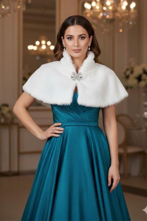 Veraura Lifestyle Beyaz Broşlu Kürk Etol Bolero görsel 3