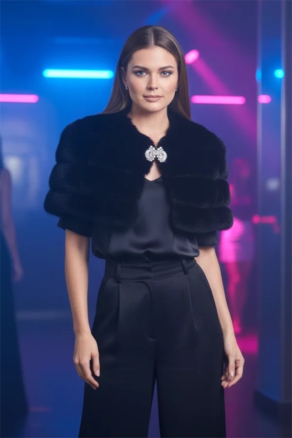 Veraura Lifestyle Siyah Kat Kat Broşlu Kürk Etol Bolero görsel 2