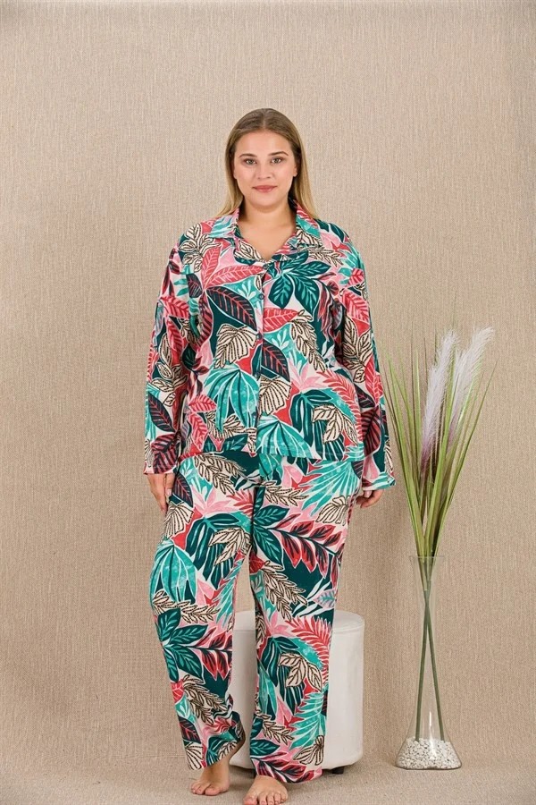 Aesco Arias Closet Büyük Beden Renkli Yaprak Desenli Düğmeli Uzun Kol Viskon Pijama Takımı görsel 2