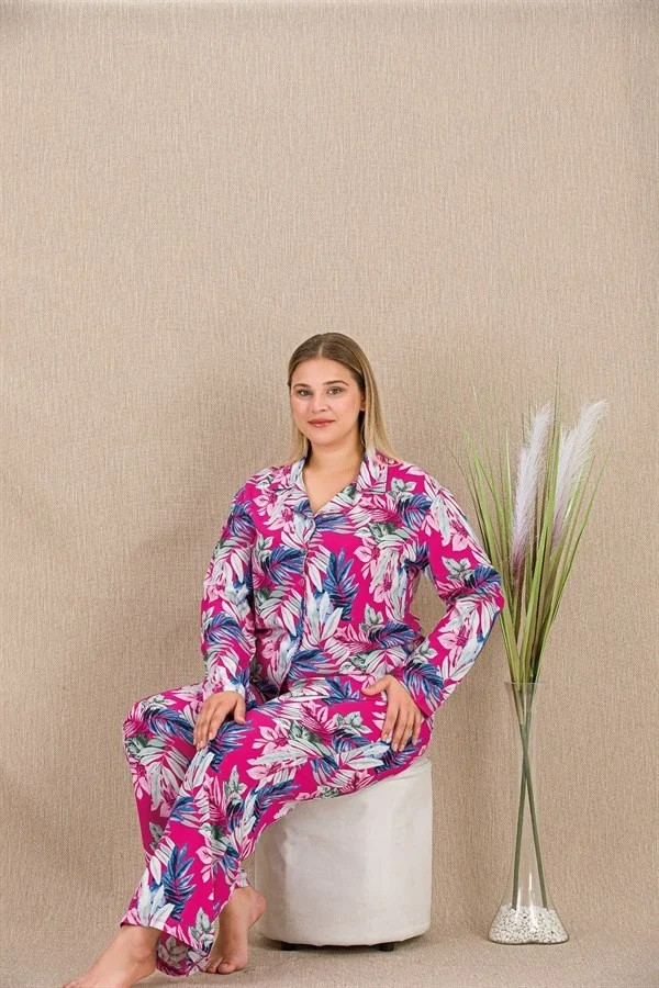 Aesco Arias Closet Büyük Beden Renkli Yaprak Desenli Düğmeli Uzun Kol Viskon Pijama Takımı