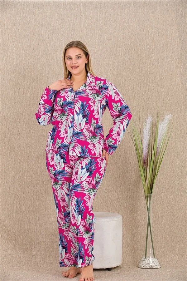 Aesco Arias Closet Büyük Beden Renkli Yaprak Desenli Düğmeli Uzun Kol Viskon Pijama Takımı görsel 2