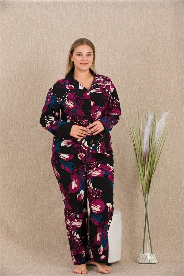 Aesco Arias Closet Büyük Beden Renkli Desenli Düğmeli Uzun Kol Viskon Pijama Takımı görsel 2