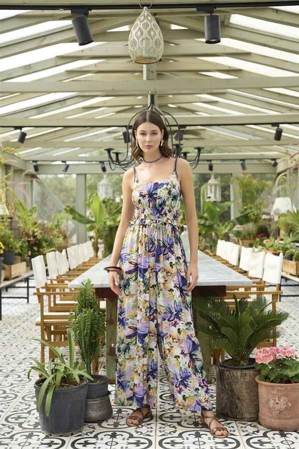 Aesco Arias Closet Çiçek ve Yaprak Desenli Ip Askılı Tulum