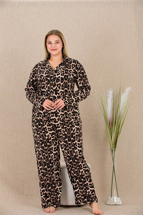 Aesco Arias Closet Büyük Beden Leopar Desenli Düğmeli Uzun Kol Viskon Pijama Takımı görsel 2