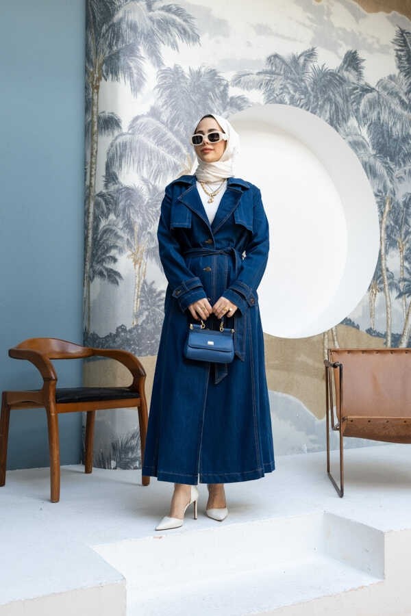 Neways 6458-UZUN Denim Trençkot Koyu Mavi