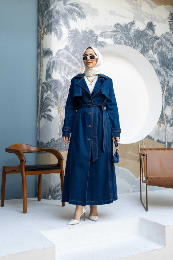 Neways 6458-UZUN Denim Trençkot Koyu Mavi görsel 3
