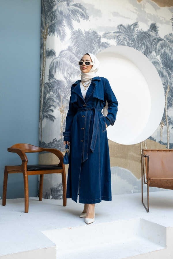Neways 6458-UZUN Denim Trençkot Koyu Mavi görsel 4