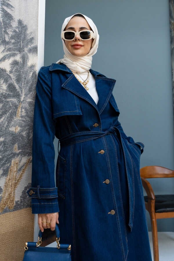 Neways 6458-UZUN Denim Trençkot Koyu Mavi görsel 5