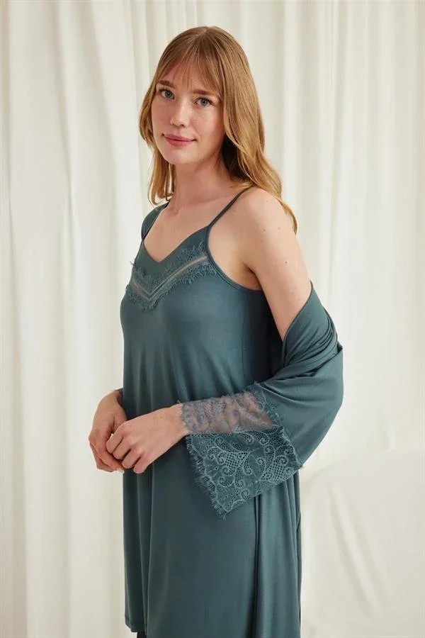 Ang Butik Dekolteli Yakası ve Kolu Dantelli Sabahlık Takımı görsel 7