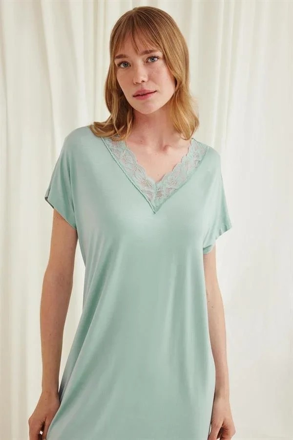 Ang Butik Yakası Dantelli Kısa Kollu Açık Yeşil Viskon Gecelik görsel 6