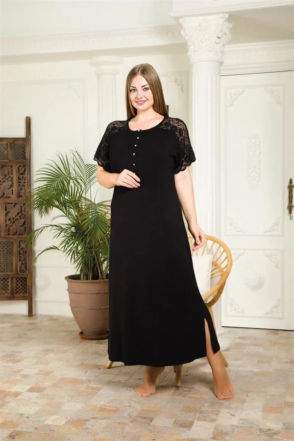 Ang Butik Büyük Beden Viskon Şık Tasarım Omuzları Dantel Işlemeli Siyah Uzun Anne Elbise görsel 2