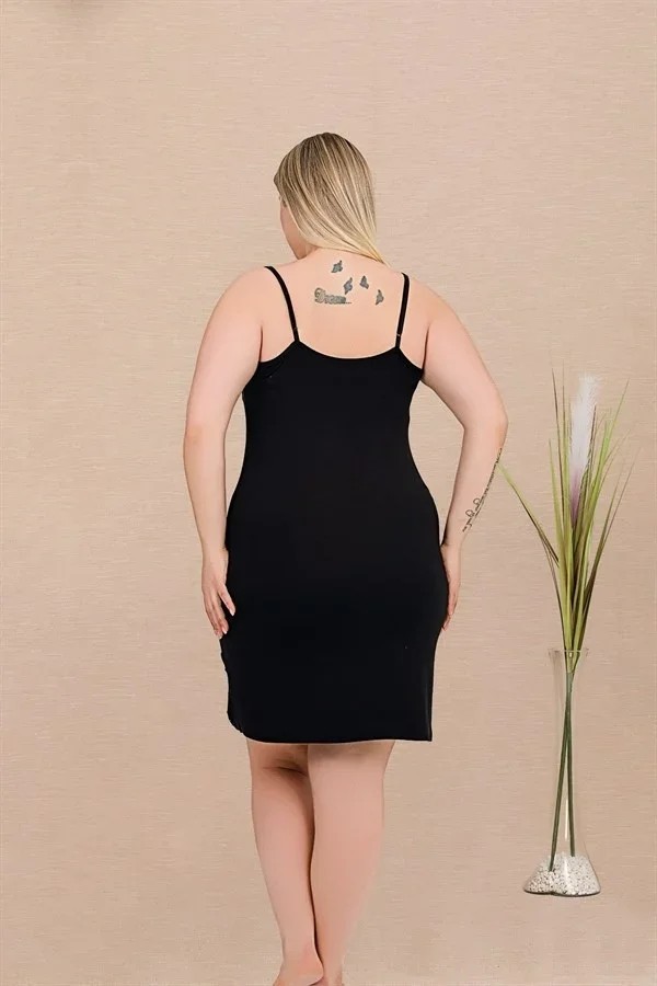 Ang Butik Büyük Beden Çizgi Desenli Dantel Işlemeli 2'li Viskon Siyah Gecelik Sabahlık Takımı görsel 3