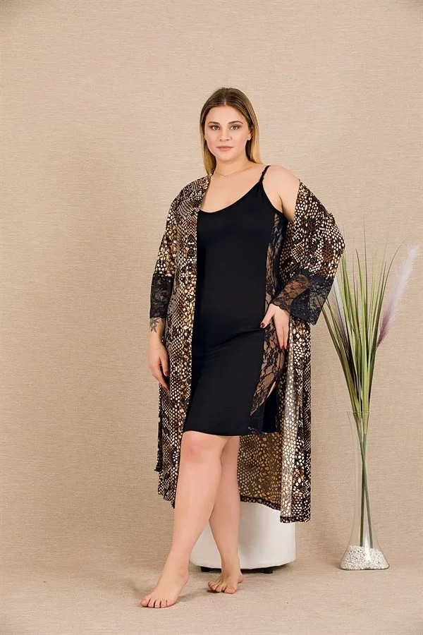 Ang Butik Büyük Beden Yılan Desenli Dantel Işlemeli 2'li Viskon Siyah Gecelik Sabahlık Takımı