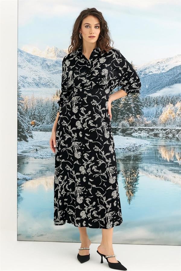 Fantastik Store Arias Closet %100 Viskon Desenli Truvakar Kollu Saten Elbise görsel 2