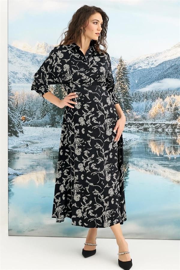 Fantastik Store Arias Closet %100 Viskon Desenli Truvakar Kollu Saten Elbise görsel 4
