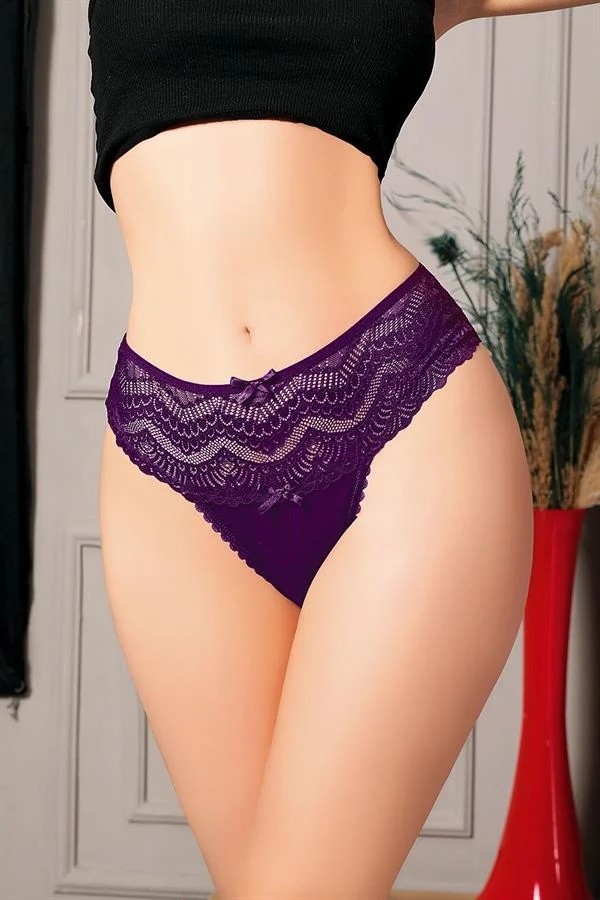Fantastik Store Arias Closet Büyük Beden Bel Kısmı Dantelli Fantezi Mor Tanga String