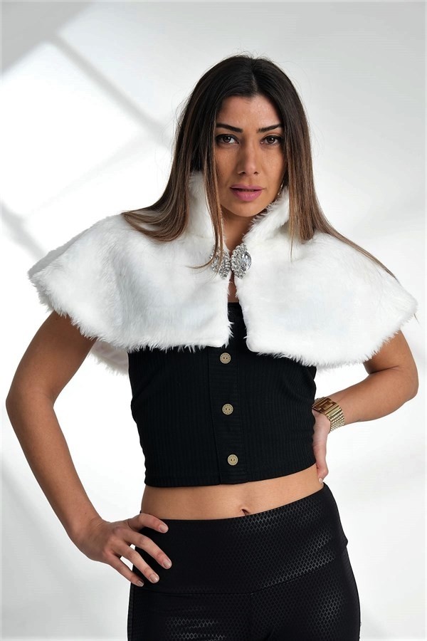 Keyifli Moda Beyaz Broşlu Kürk Etol Bolero görsel 4