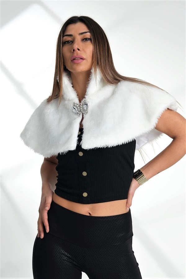 Keyifli Moda Beyaz Broşlu Kürk Etol Bolero görsel 5