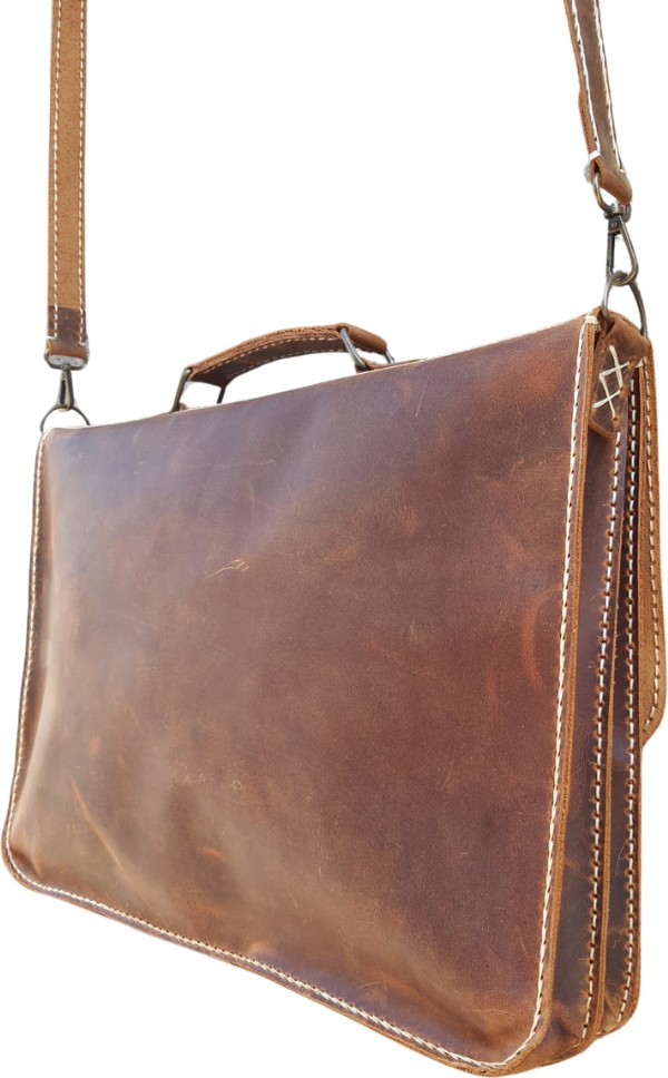 Semiramis Zeus Model Deri El Yapımı Unisex Kızıl Taba Çift Körüklü Vintage Evrak Çantası görsel 4