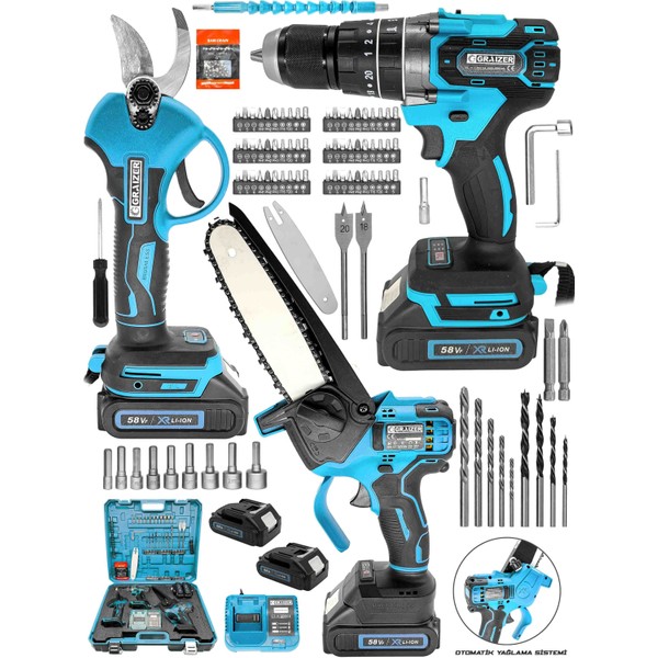 Graizer 5800 Mega Set 2 Akülü Şarjlı Dal Ağaç Kesme Testere + Bağ