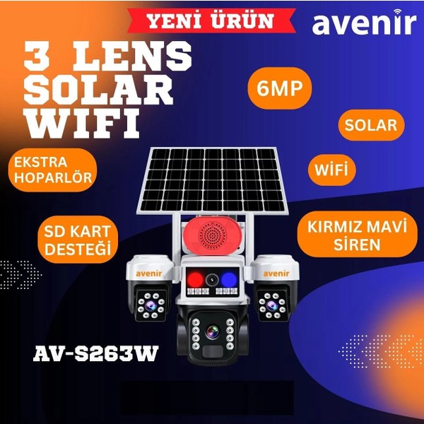 Avenir AV-S263W Beyaz 3 Kameralı 6MP Güneş Panelli Solar Wifi PTZ