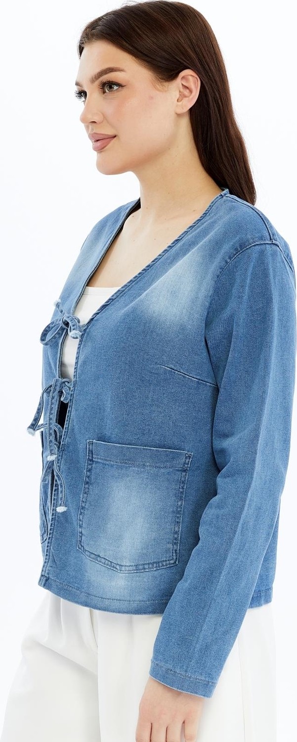 Select Moda Kadın Denim V Yaka Önden Cepli Bağlama Detaylı Ceket/hırka görsel 4
