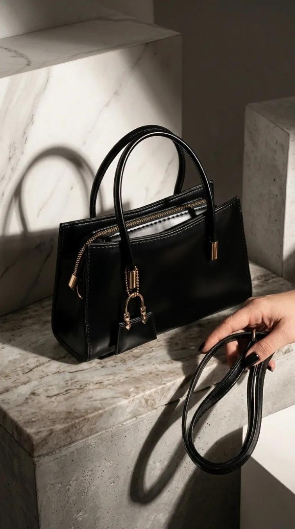 Aksiyon Global Siyah Rugan Görünümlü Kadın El ve Çapraz Askılı Mini Çanta Gold Detaylı Fermuarlı - Lisinya