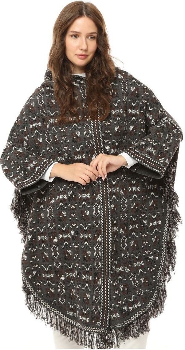 Kadın Kilim Desenli Kapüşonlu Çıtçıt Detaylı Oversize Şık Tasarımlı Kalın Panço görsel 6