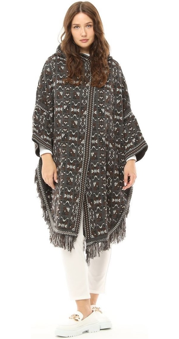 Kadın Kilim Desenli Kapüşonlu Çıtçıt Detaylı Oversize Şık Tasarımlı Kalın Panço görsel 7