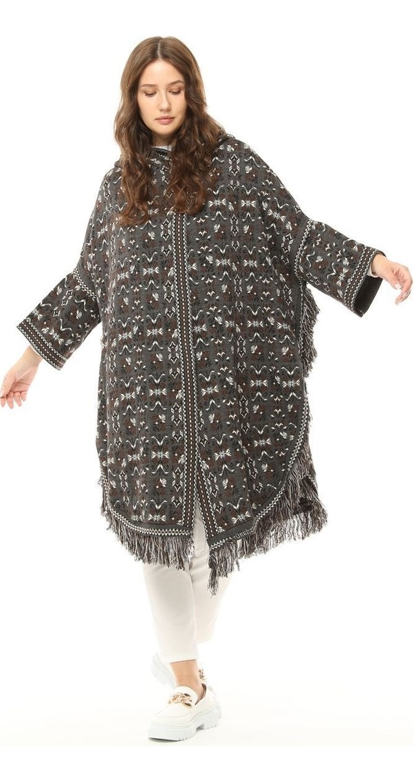 Kadın Kilim Desenli Kapüşonlu Çıtçıt Detaylı Oversize Şık Tasarımlı Kalın Panço görsel 8