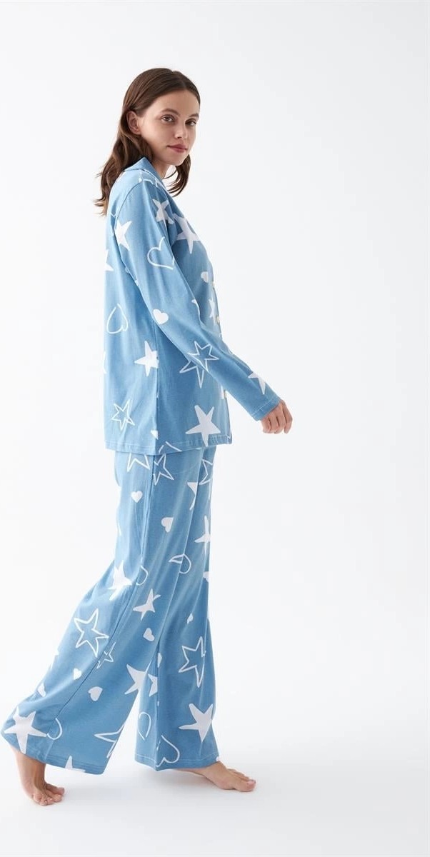 mery Kadın Mavi Yıldız Desenli Düğmeli Pamuklu Pijama Takımı Mery görsel 3