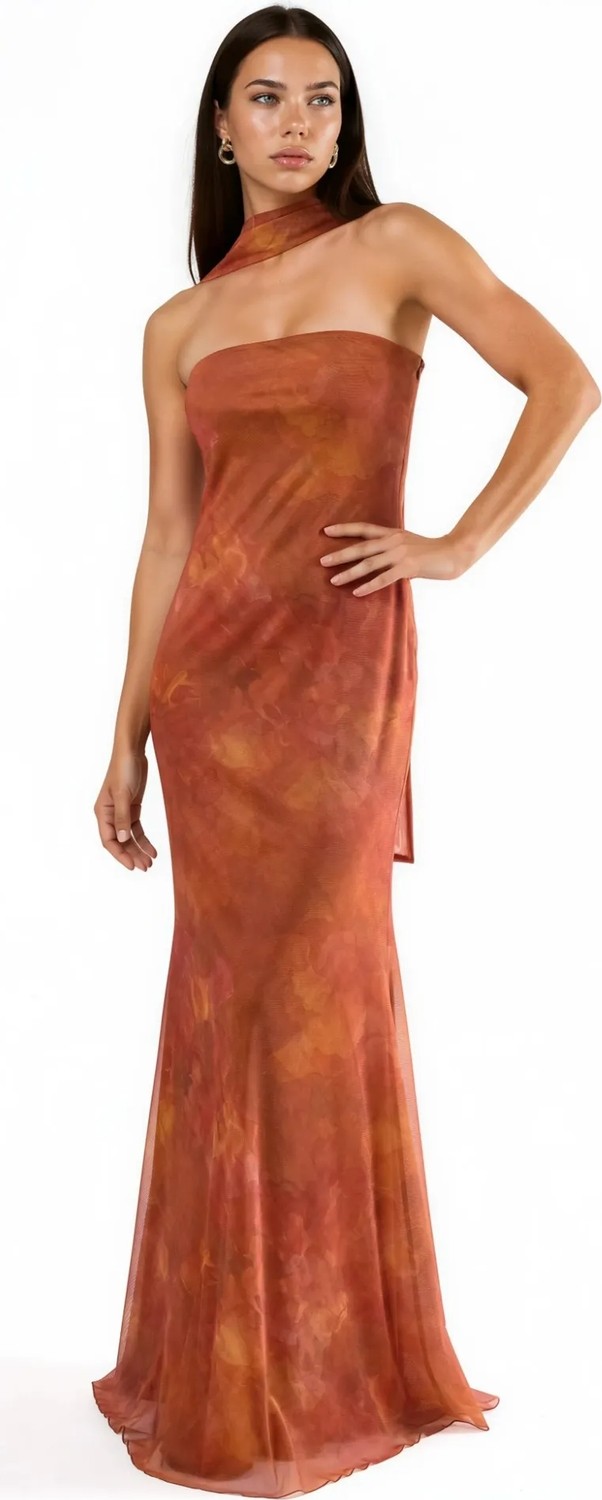 Hiccup Kadınlar Straplez Çiçek Desenli Tül Kuşaklı Bodycon Maxi Elbise Parlak Turuncu görsel 4