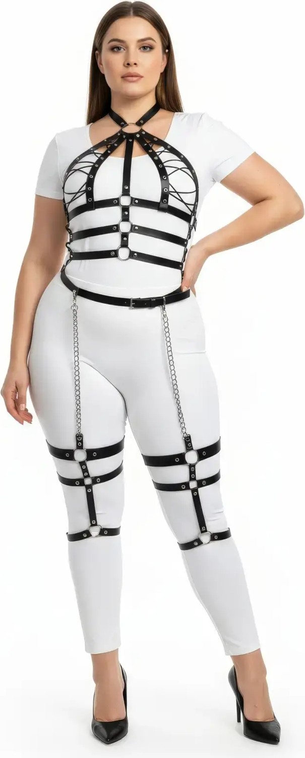 Motto10 Butik HDY MOTTO10 Butik Büyük Beden Siyah Kadın Harness Takım Zincir Detaylı Full Body Deri Aksesuar - APFT698