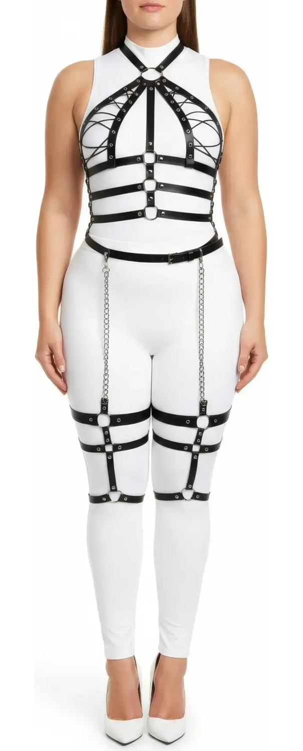Motto10 Butik HDY MOTTO10 Butik Büyük Beden Siyah Kadın Harness Takım Zincir Detaylı Full Body Deri Aksesuar - APFT698 görsel 6