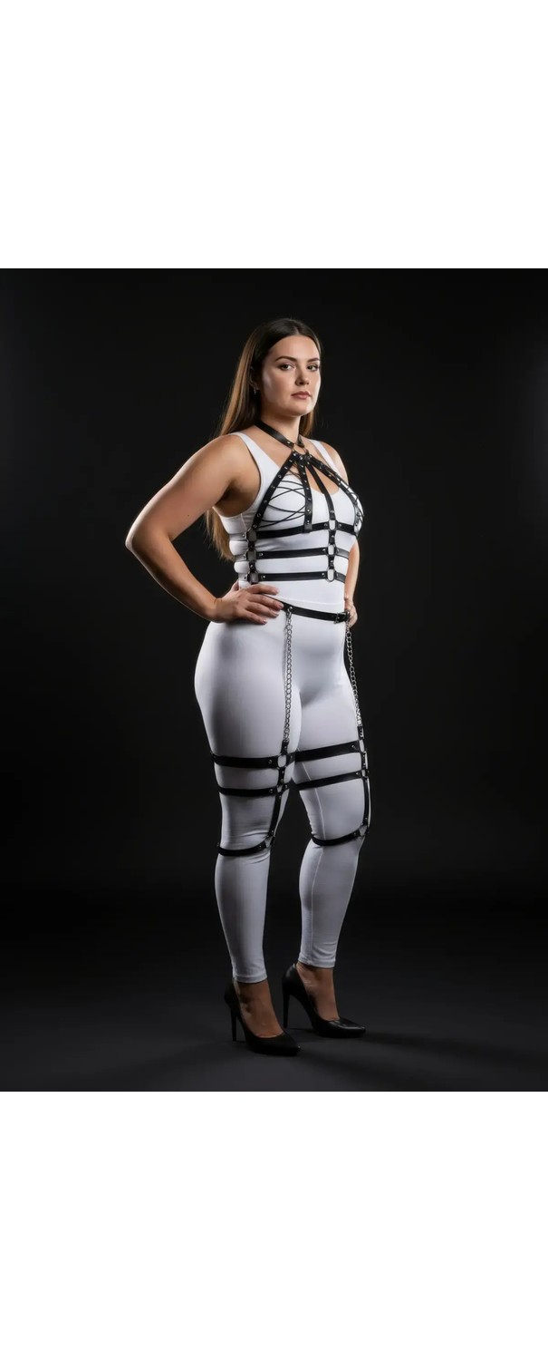 Motto10 Butik HDY MOTTO10 Butik Büyük Beden Siyah Kadın Harness Takım Zincir Detaylı Full Body Deri Aksesuar - APFT698 görsel 7