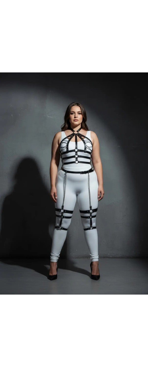Motto10 Butik HDY MOTTO10 Butik Büyük Beden Siyah Kadın Harness Takım Zincir Detaylı Full Body Deri Aksesuar - APFT698 görsel 8