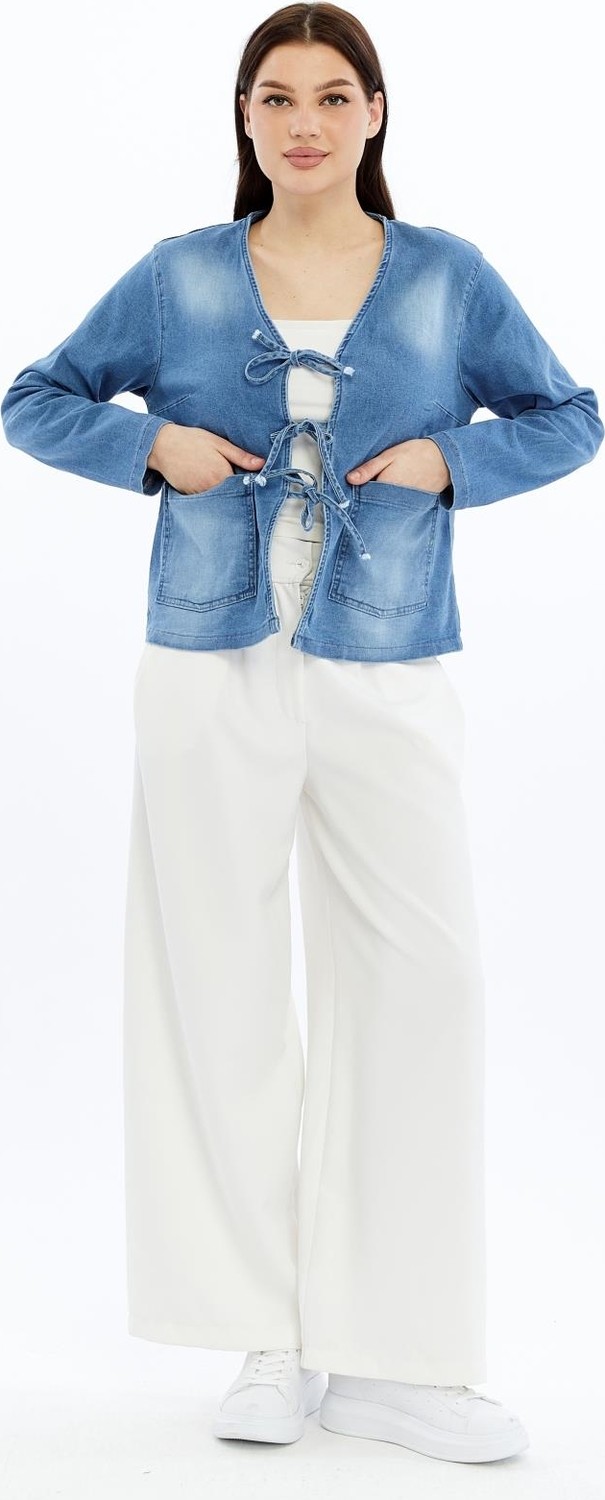 Select Moda Kadın Denim V Yaka Önden Cepli Bağlama Detaylı Ceket/hırka