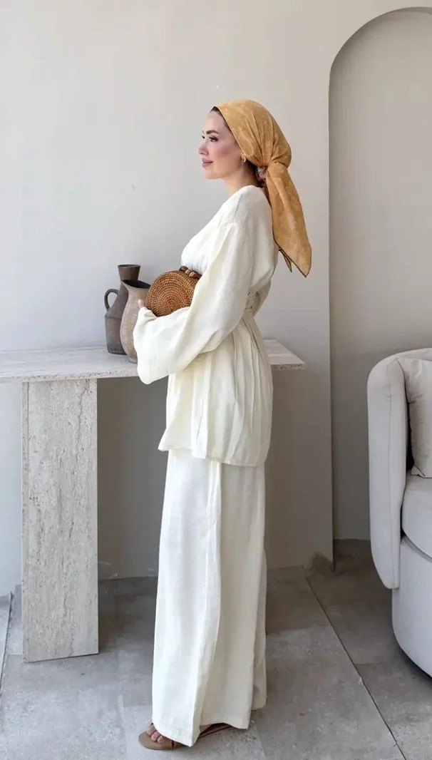Miraydin Butik Kadın Modal Bel Bağlamalı Tunik Pantolon Takım M2672 - Sarı görsel 3