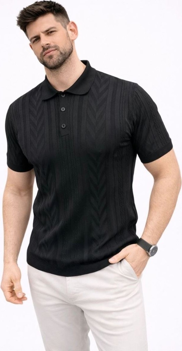 Fantastik Store Erkek Yazlık Triko Tişört Kısa Kol Polo Yaka Düğmeli T-Shirt - Siyah görsel 4