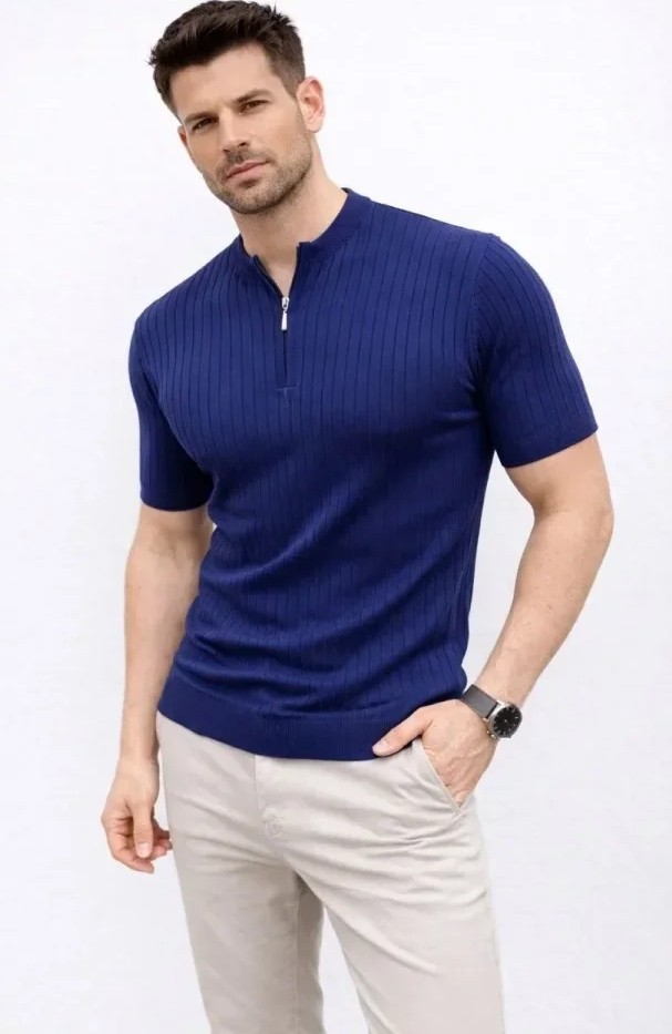 Erkek Kısa Kol Fitilli Triko T-Shirt Yazlık Hakim Yaka Tişört - Lacivert görsel 2