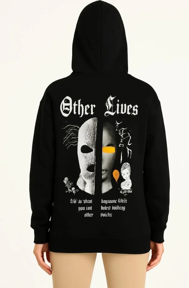 Üç Iplik Kapşonlu Ön ve Arka Baskılı Sweatshirt Hoodie- Siyah görsel 2
