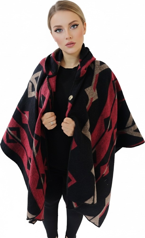 Exve Exclusive Kırmızı Bej Siyah Etnik Tasarım Desenli Yünlü Sıcak Tutan Kapüşonlu Unisex Kampçı Panço Kışlık Şal