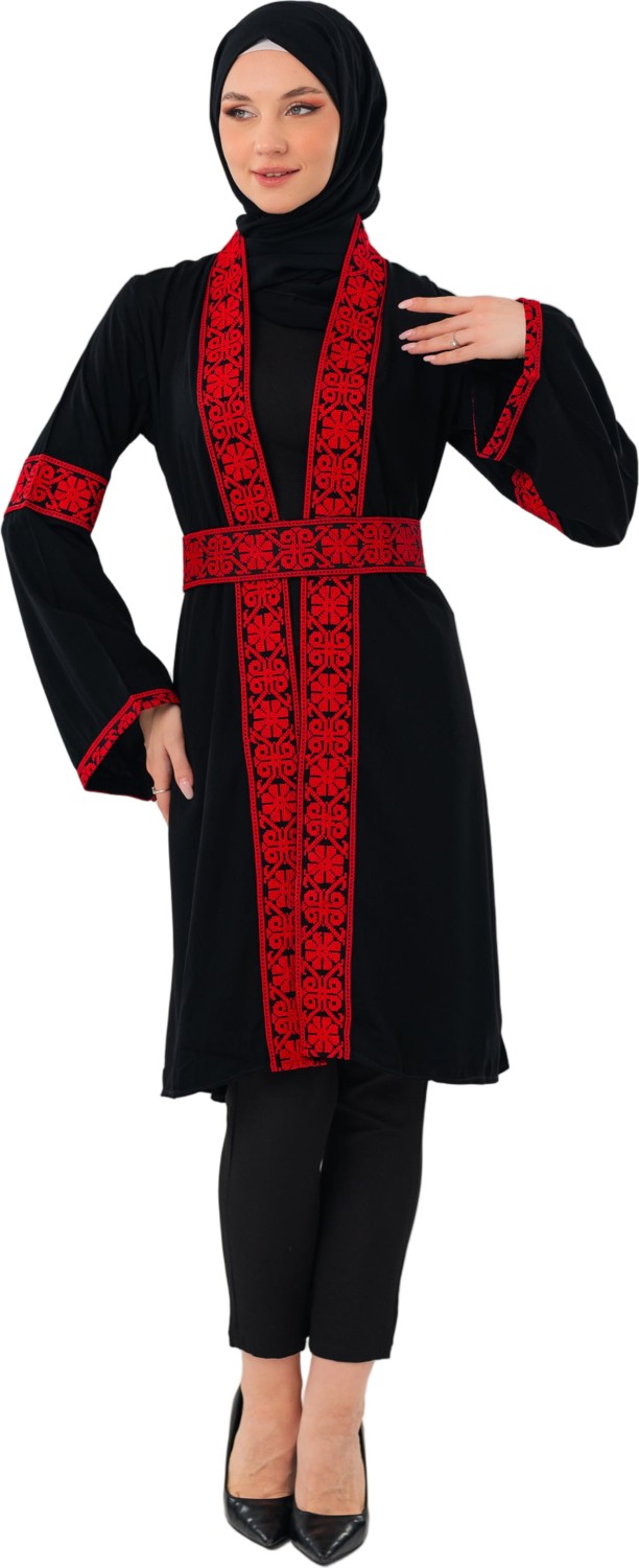 Zaytoon Tesettür Kaban Filistin Nakışlı Kırmızı Siyah Kısa Kaban Abaya Kadın görsel 5